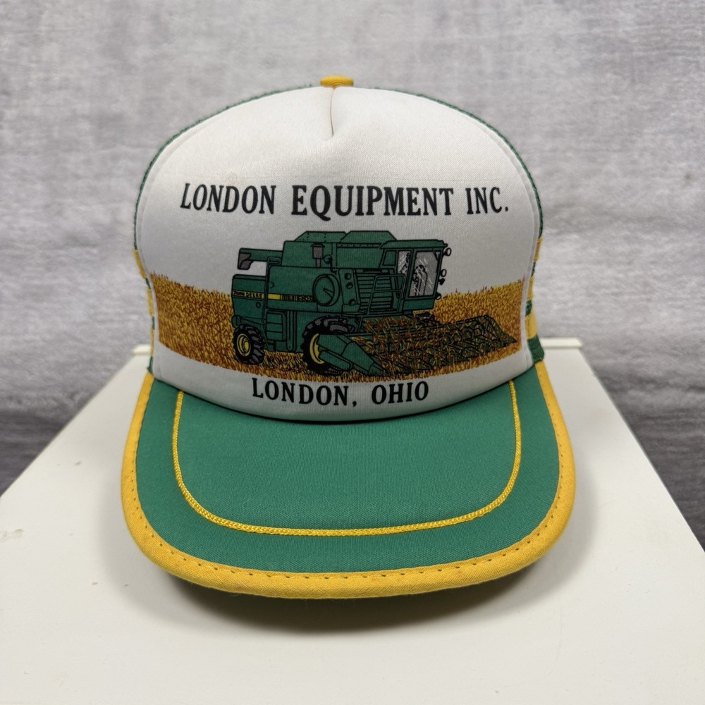 Vintage John Deere Hat Men Snapback Trucker Cap Green Combine 80s 3 Stripe mesh